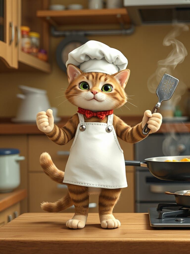 Cat Chef Cooking in Cozy Kitchen, Animated Style
