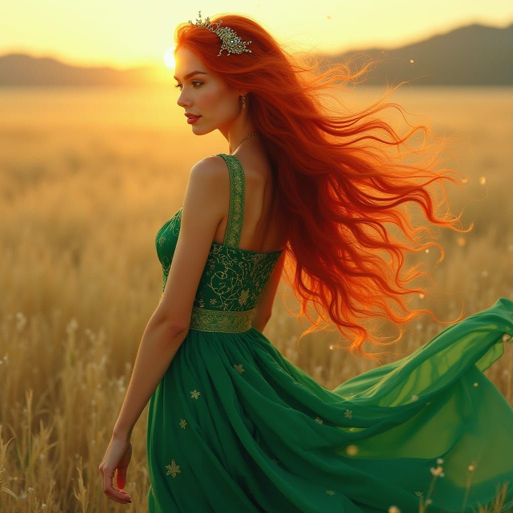 Fiery Red-Haired Woman in Emerald Green Gown