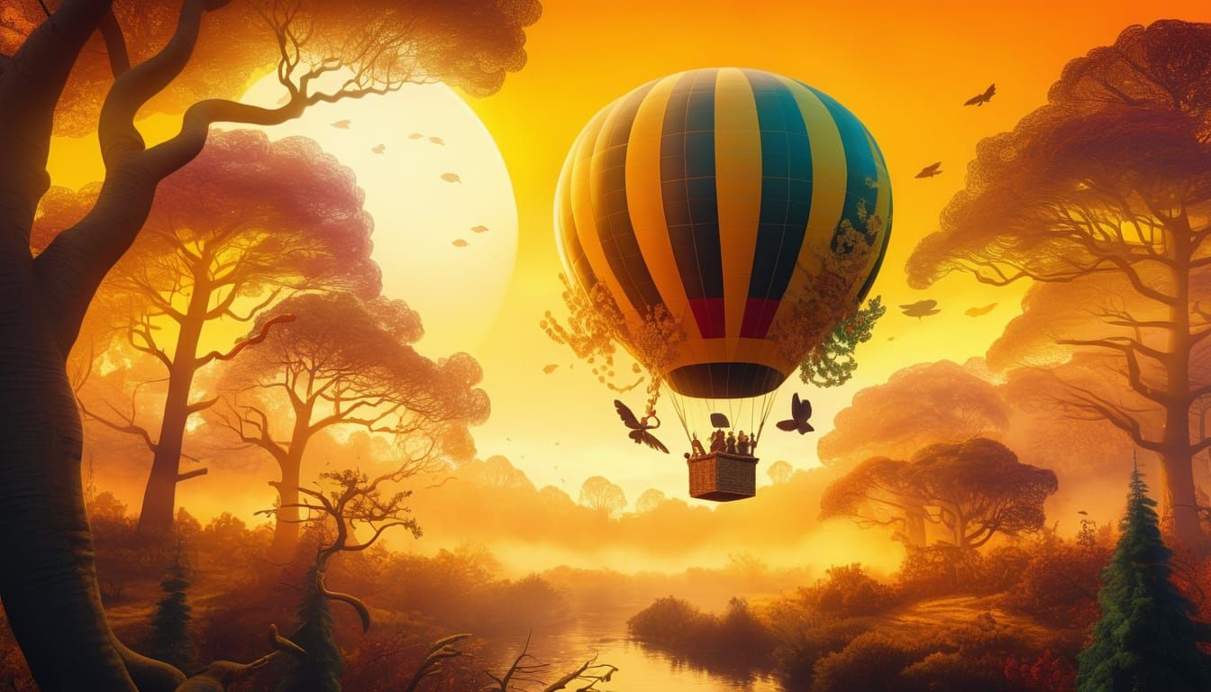 Hot Air Balloon Over Woodland in Fauvist Style