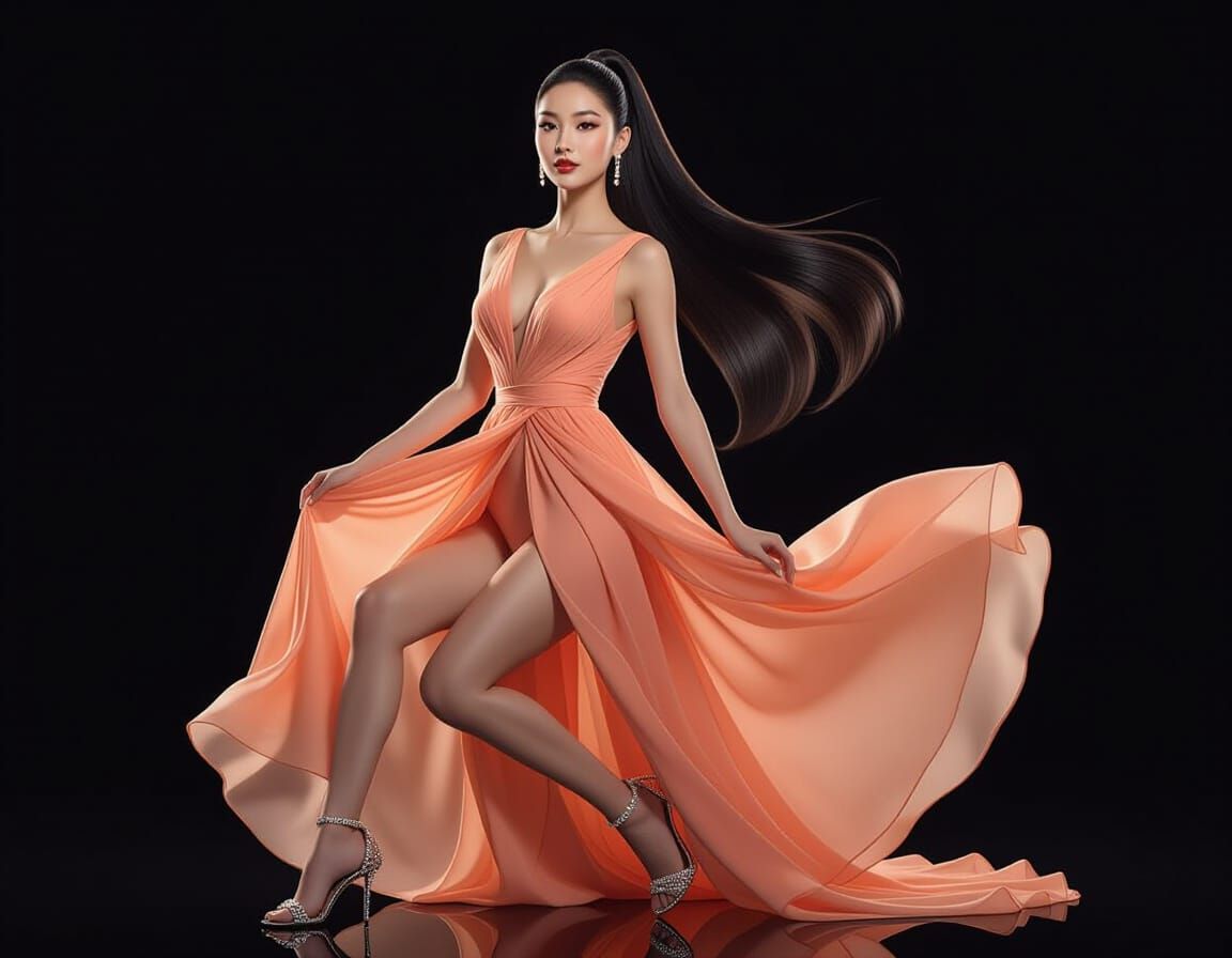 Elegant East Asian Woman in Peach Dress, Hyperrealistic Port...