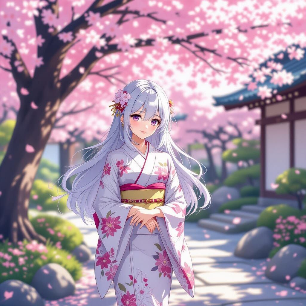 Anime Portrait of Woman with Silver Hair and Cherry Blossoms