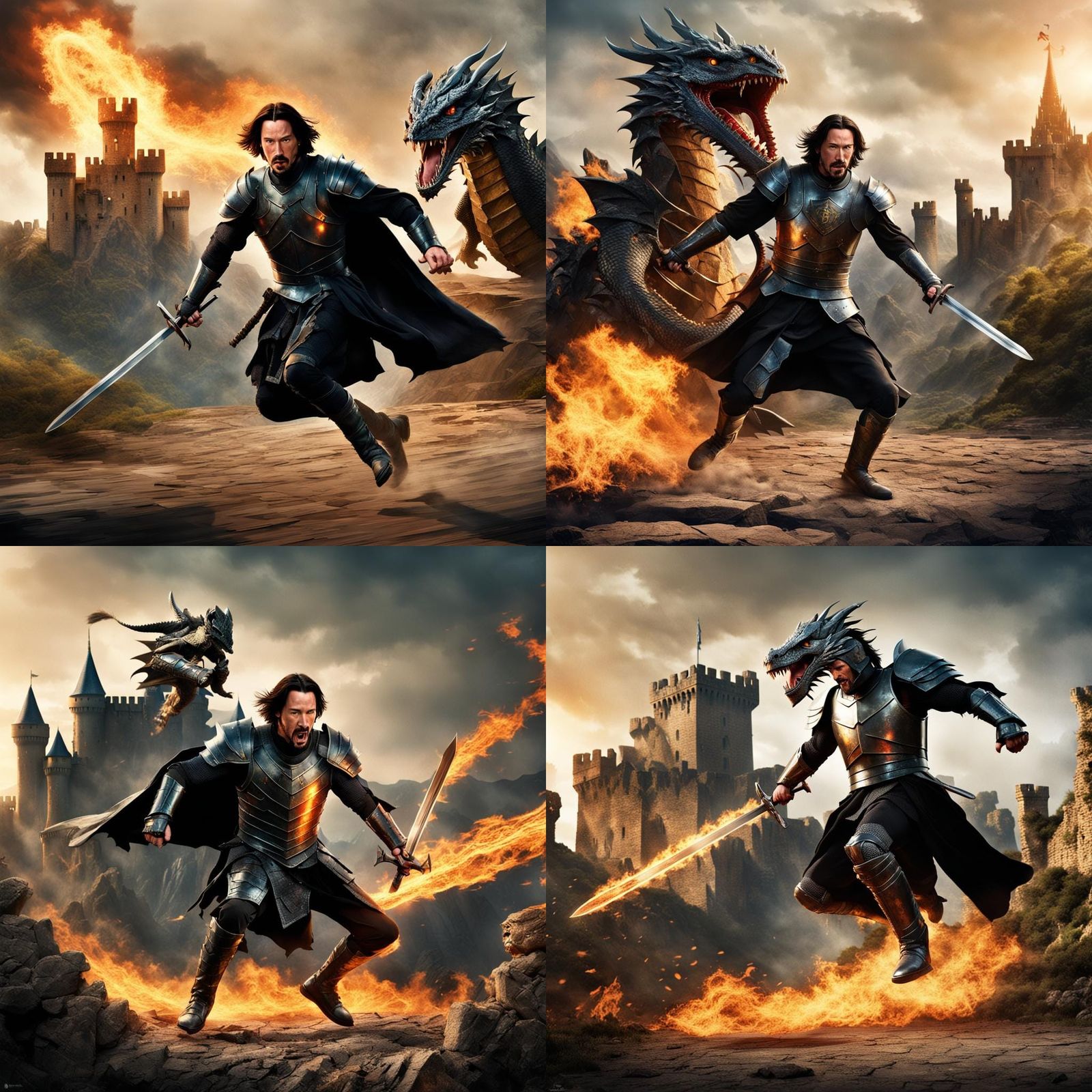 Keanu Reeves as a Knight Fighting a Dragon