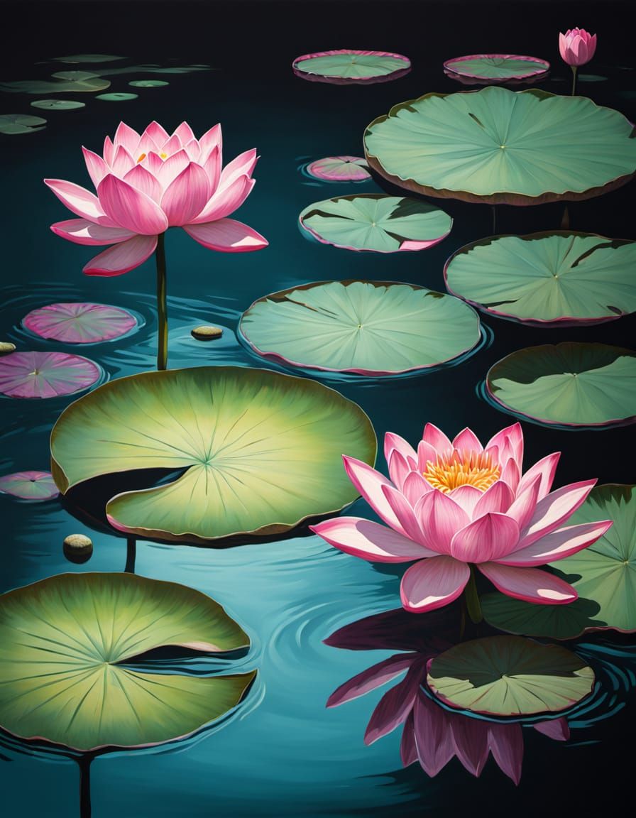 Lotus Blooms in Dark Water, in Vibrant, Hyperrealistic Style