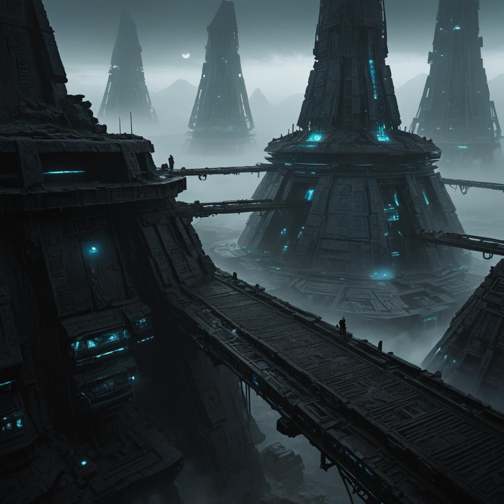 Alien Mechanical Pyramids with Glowing Glyphs