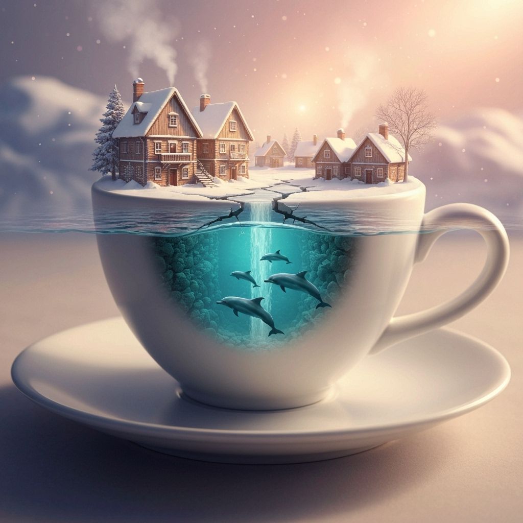 Snowy Village in Coffee Cup: Double Exposure