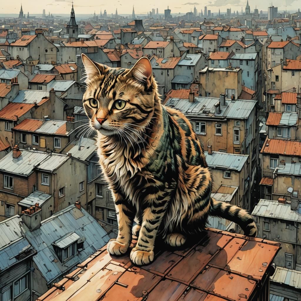 Cat on Rooftop Ridge in Comic Style