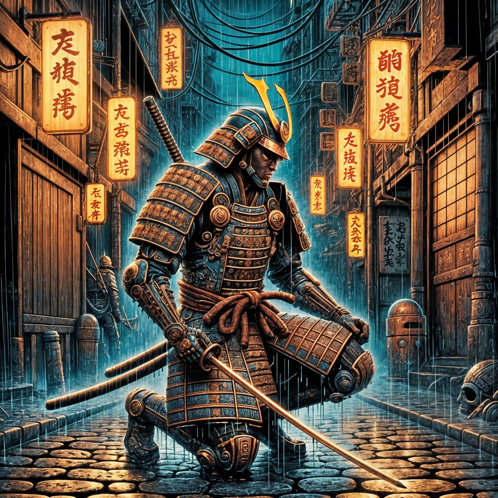 Samurai Warrior in Steampunk Armor in Futuristic City