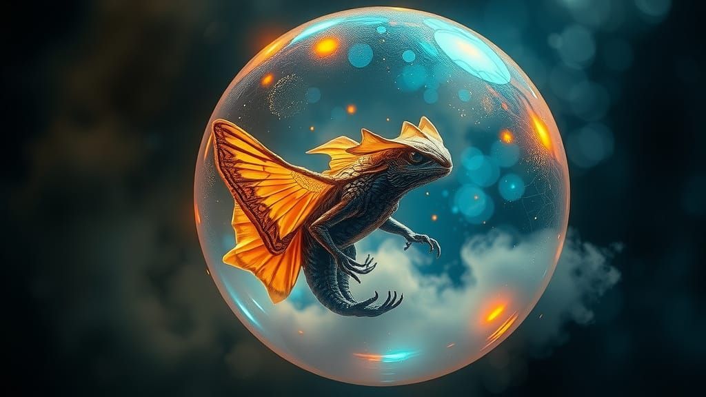 Mystical Creature in Iridescent Bubble: Hyperrealistic Scene