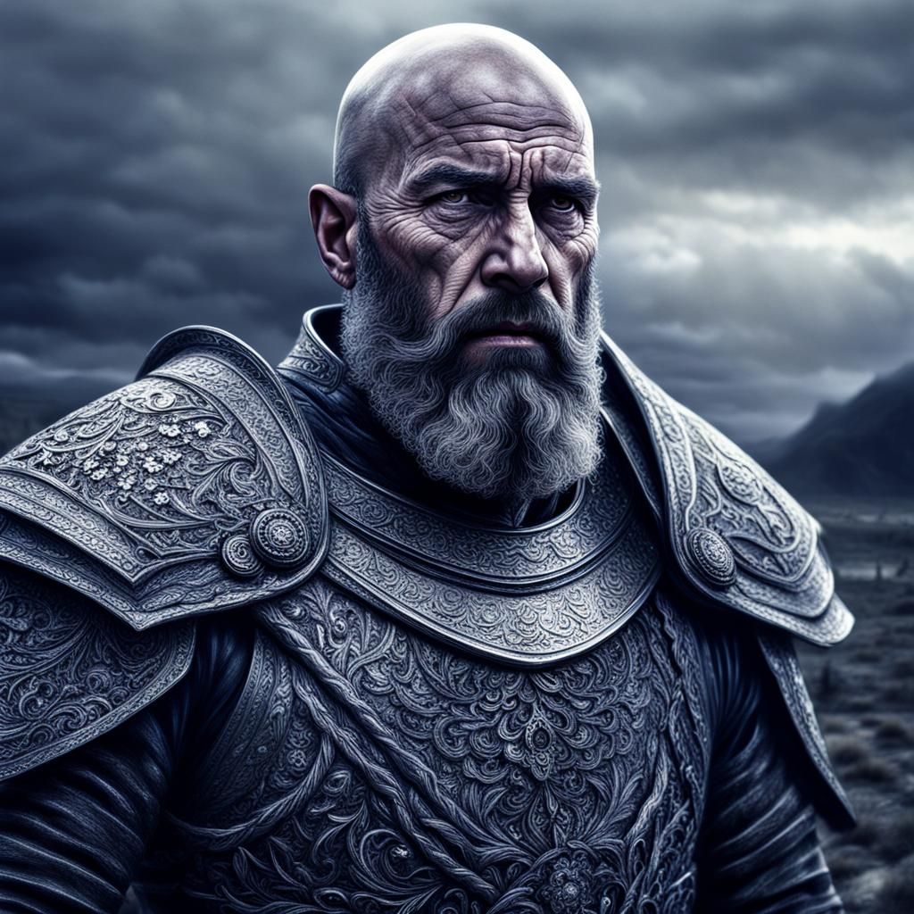 Weary Warrior King in Dark, Moody Landscape