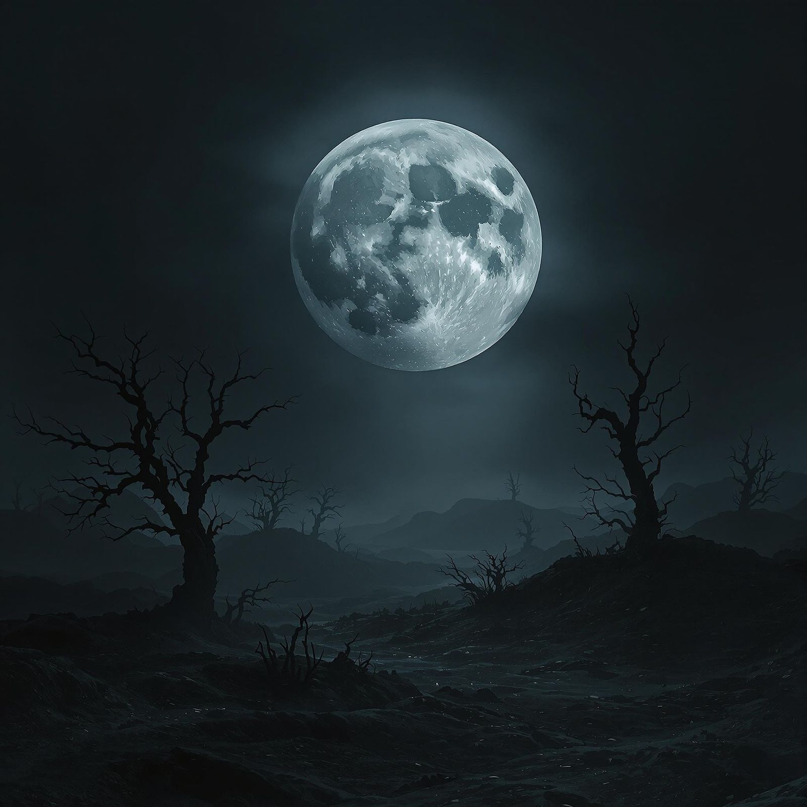 Ominous Moon Rising Over Desolate Landscape