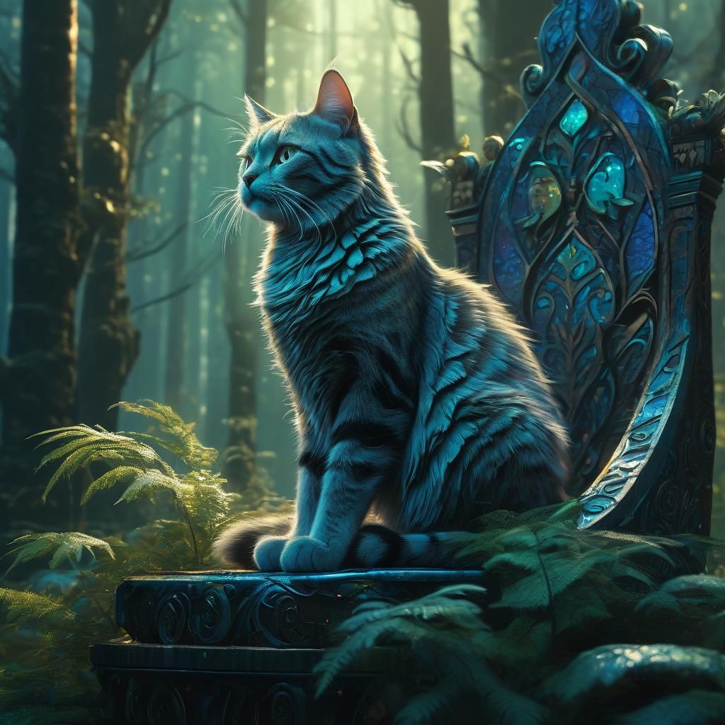 Regal Cat on Throne in Mystical Forest