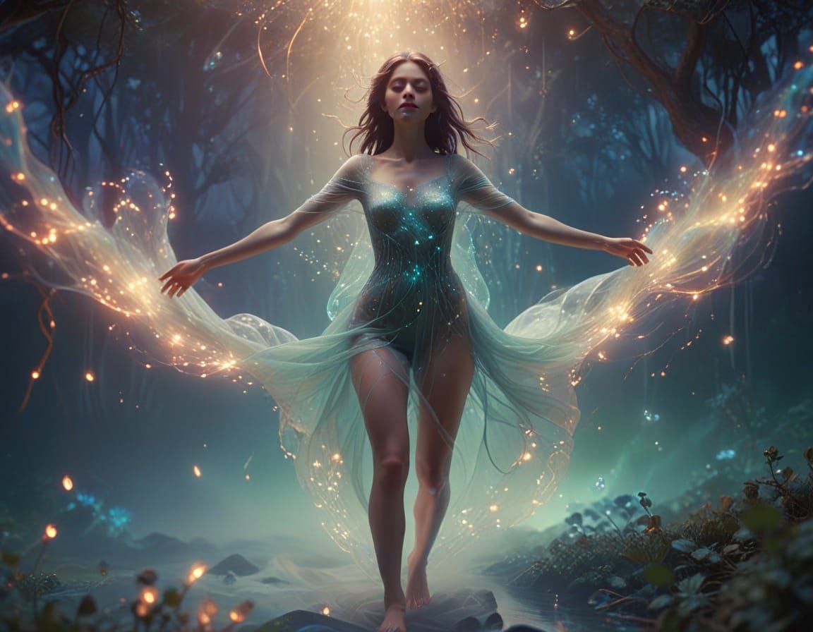 Mystical Woman Radiates Inner Light in Dreamlike Setting