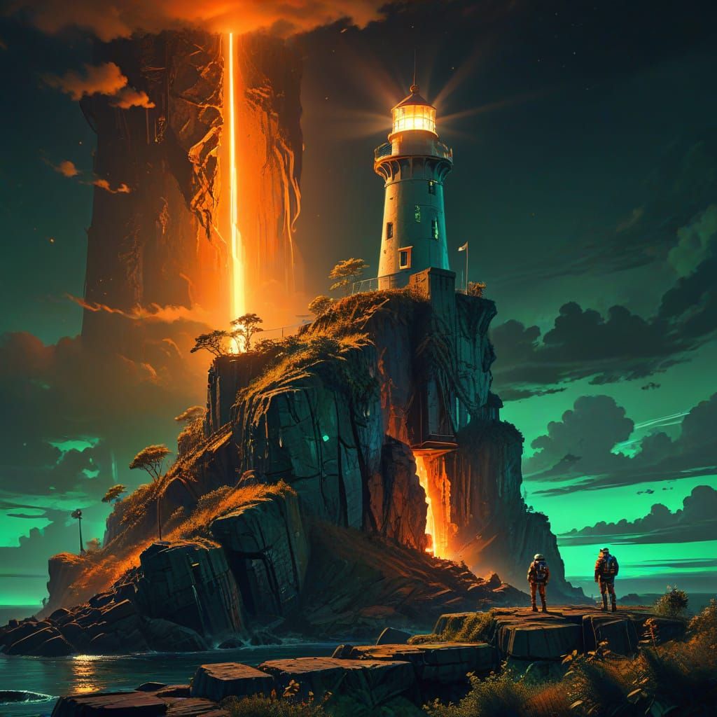 Astronaut and Lighthouse in Neon Glow, Digital Painting