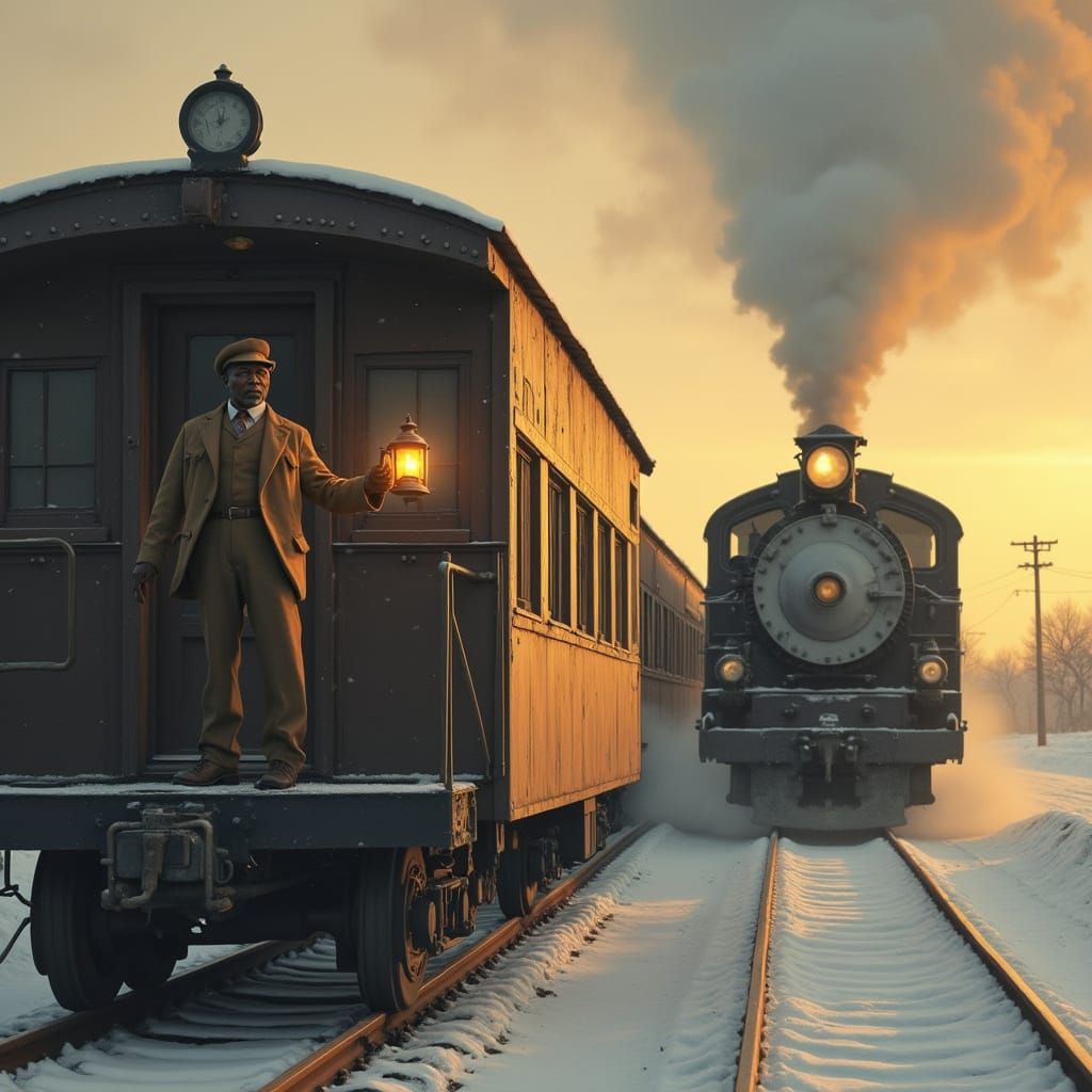 Dignified Black Conductor Waves Lantern on Caboose in Snowy ...