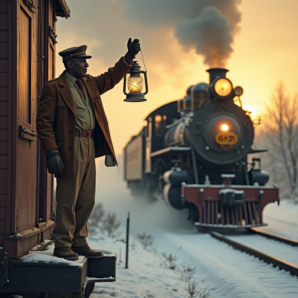 Railroad Conductor Waves Lantern in Snowy Sunrise, Fort Lupt...