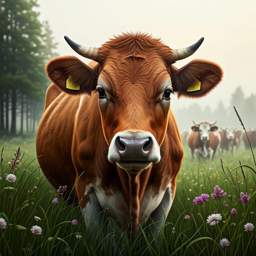 Cow Portrait in Misty Meadow, Detailed Oil Painting