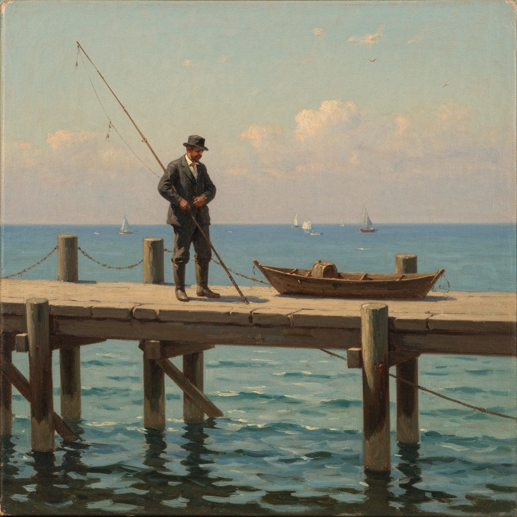 Fisherman on Pier by Sea Oil Painting