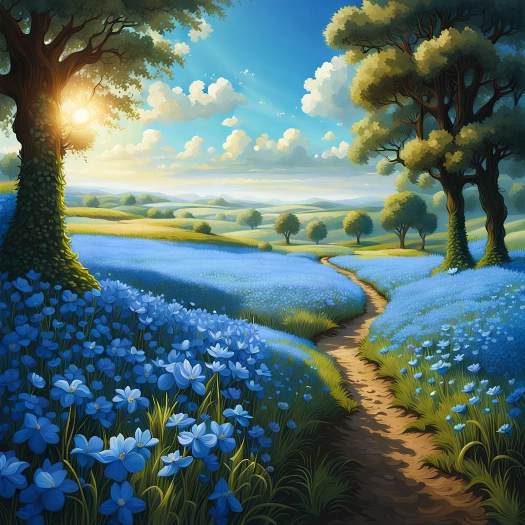 Blue Flower Field: Romantic Renaissance Painting