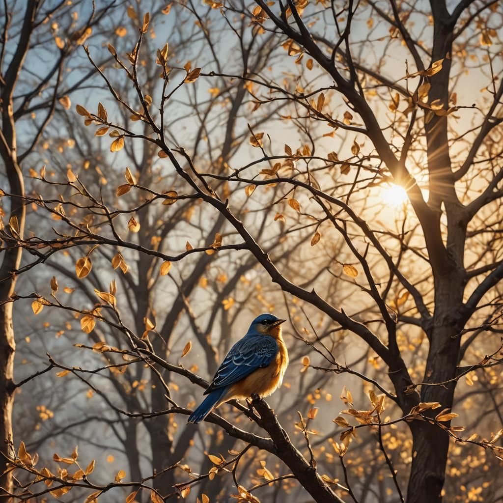 Photorealistic Tree of Birds in Golden Light