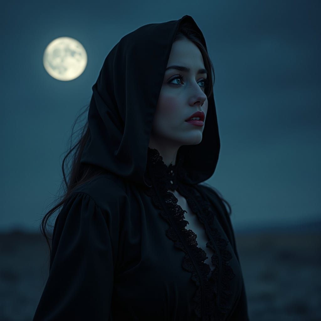 Mysterious Lady in Velvet Gown Shrouded in Midnight Blue Lig...