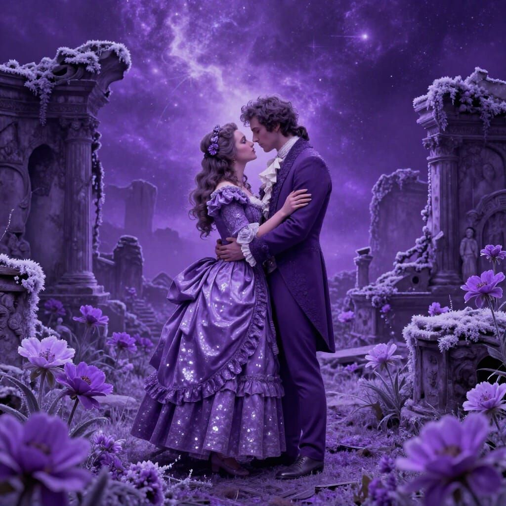Baroque Lovers Embrace in Purple Surreal Dreamscape