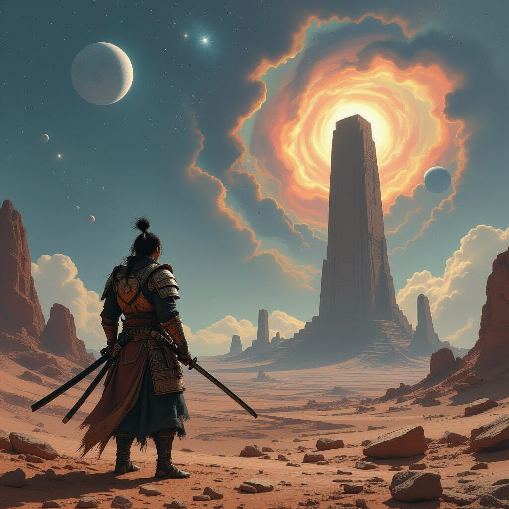 Samurai on Alien Planet Under Nebula Sky