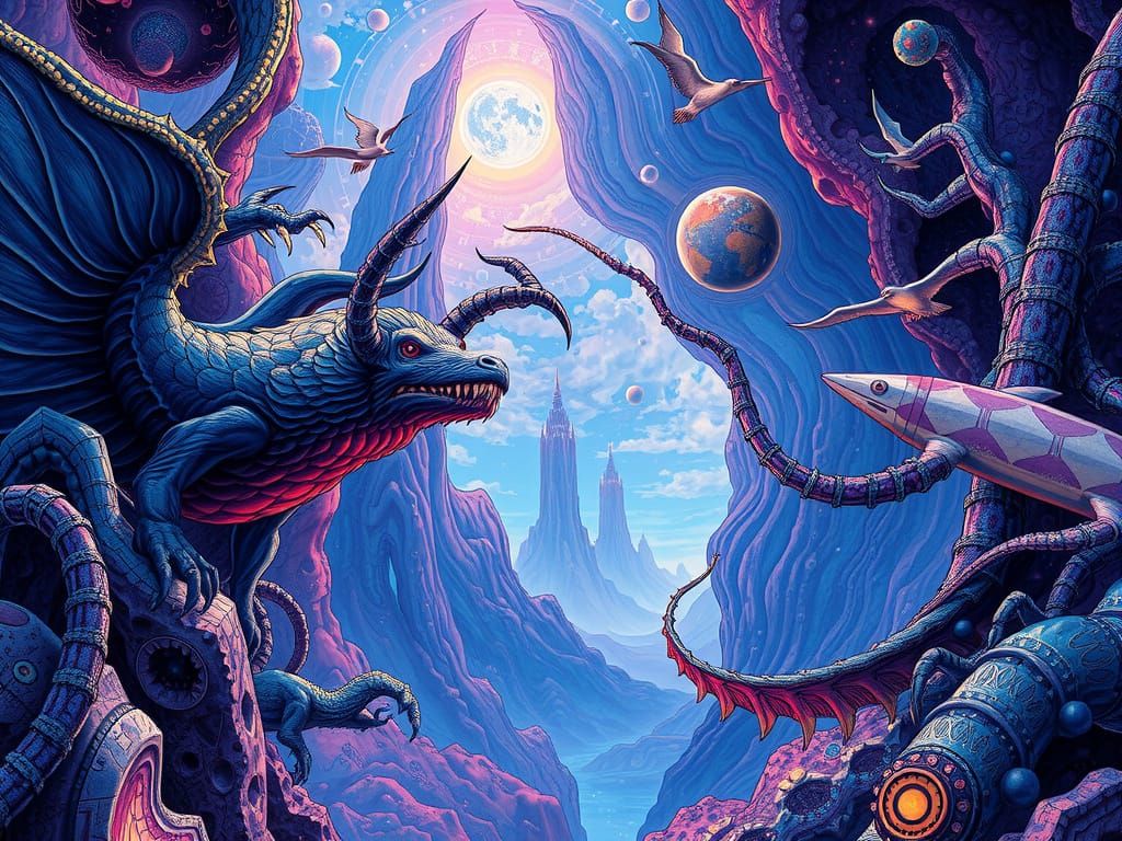 Psychedelic Astral Realm with Fantastical Creatures in Holog...