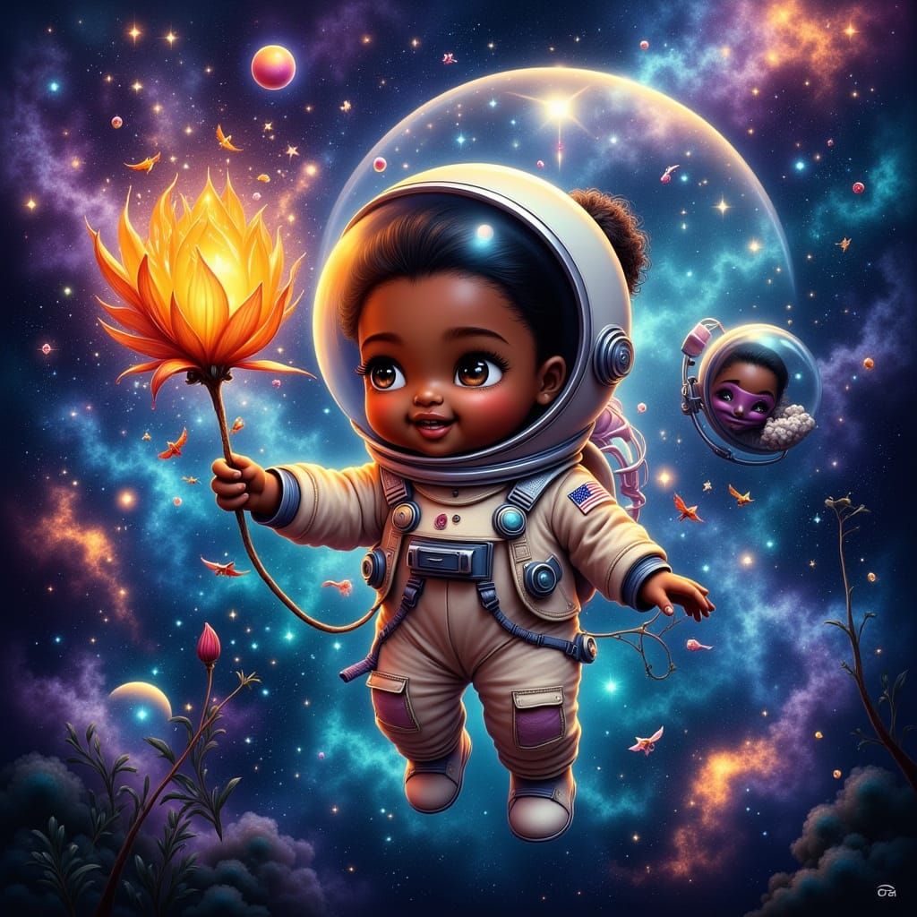 Black Girl in Spacesuit Reaching for Alien Flower in Nebula