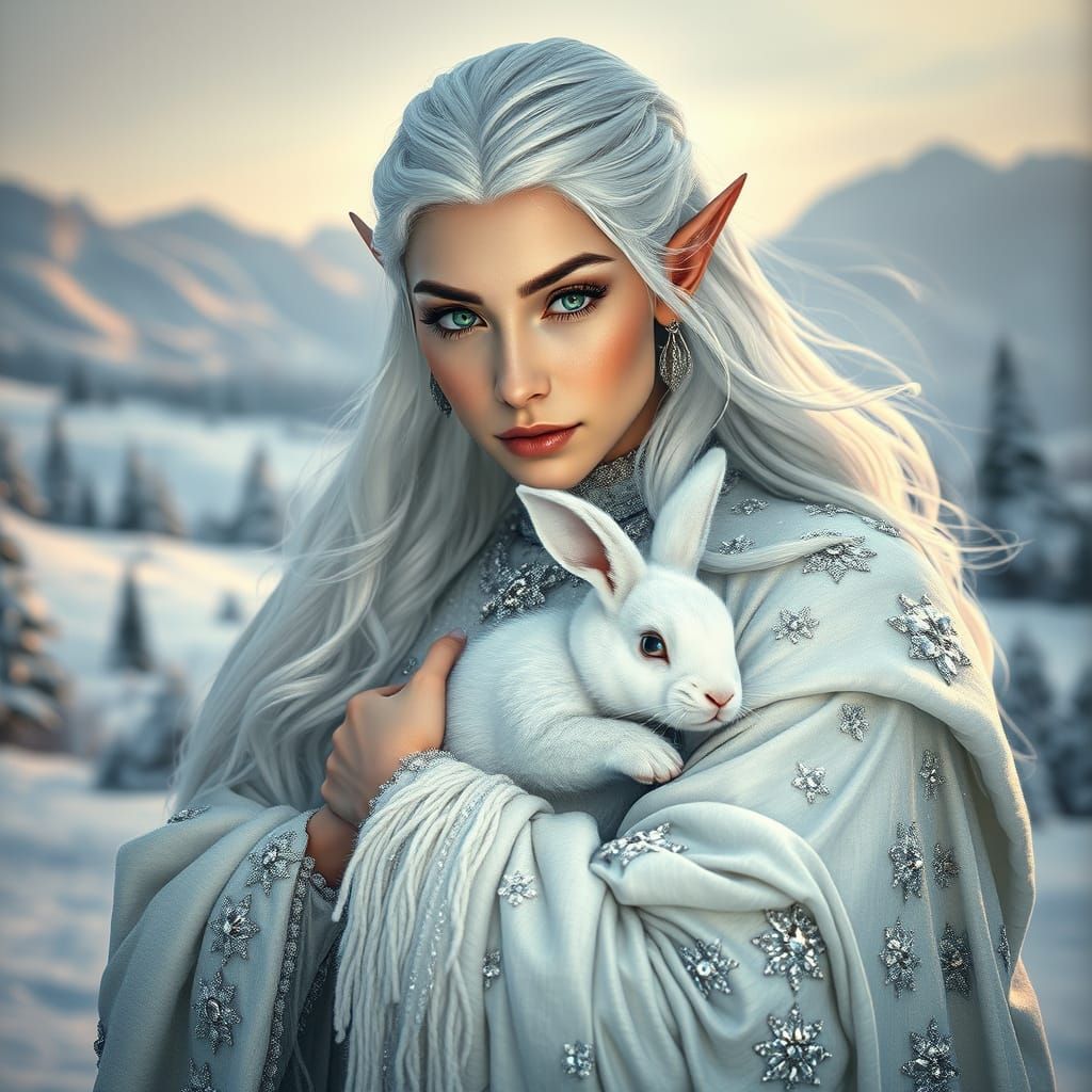 Ethereal Elf Queen in Winterfell's Snowy Landscape