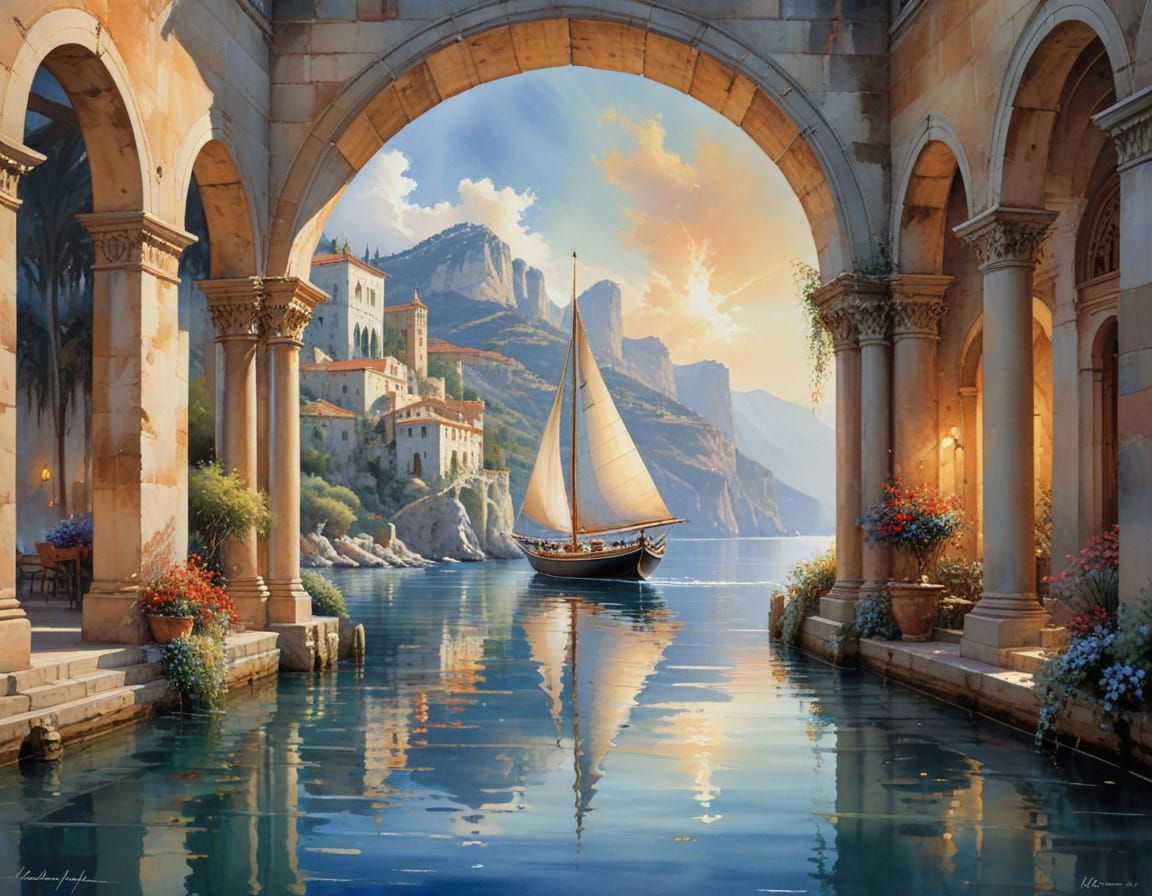 Mediterranean Sailboat Watercolor Fantasy Landscape