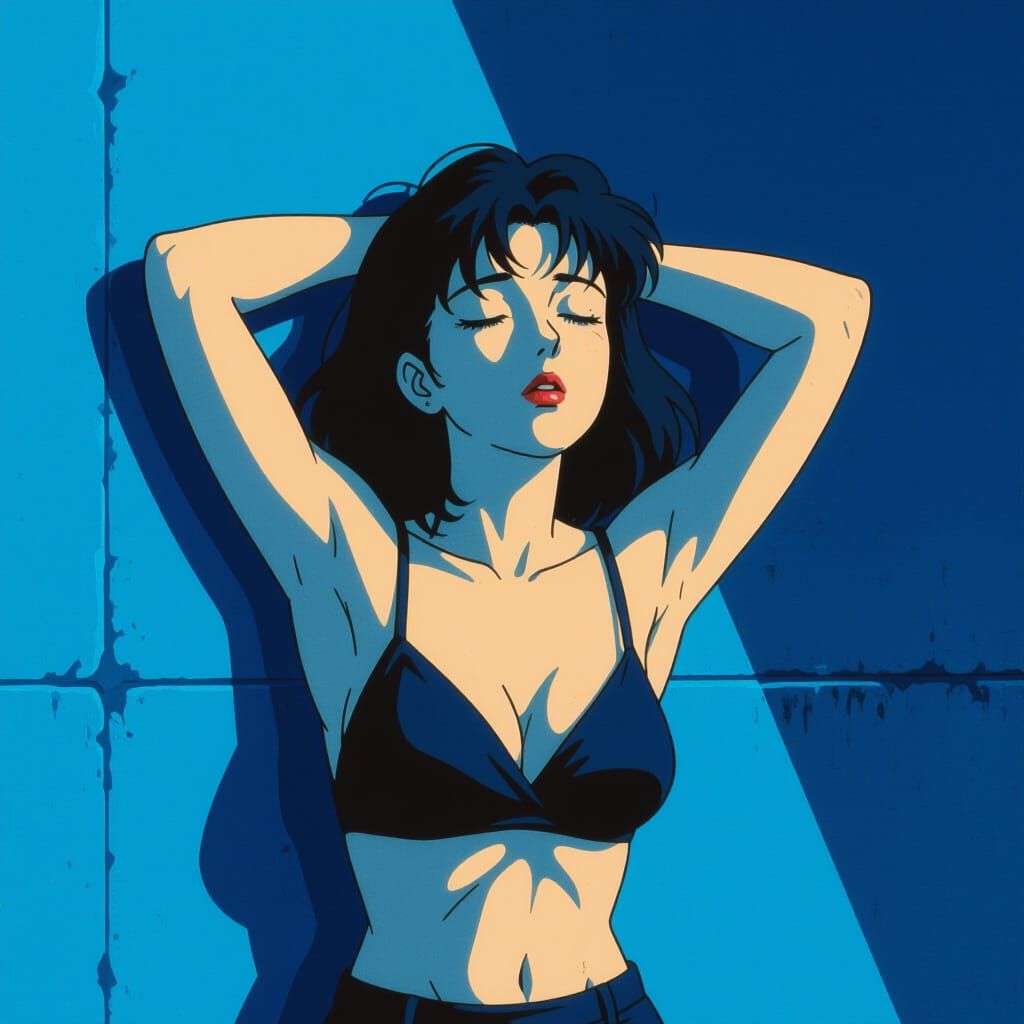 Retro Anime Portrait: Woman in Blue Light
