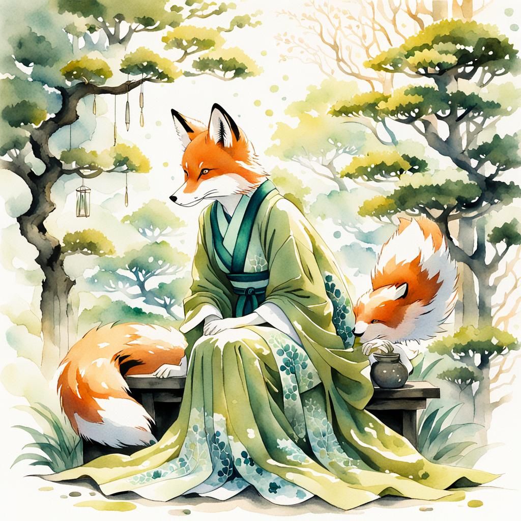 Kitsune Pruning Bonsai in Japanese Watercolor Style
