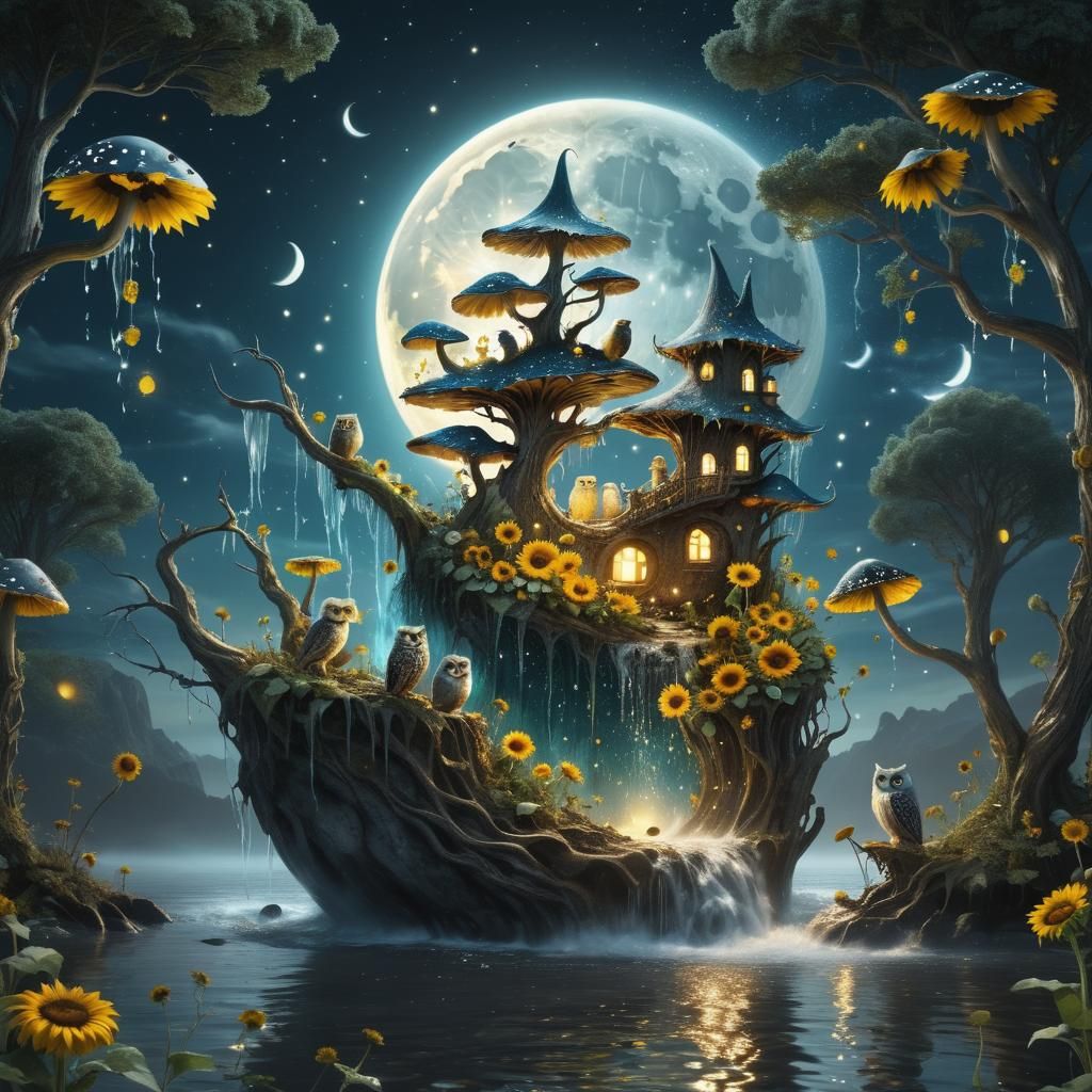 Glowing Moon Composed of Owls and Fairies