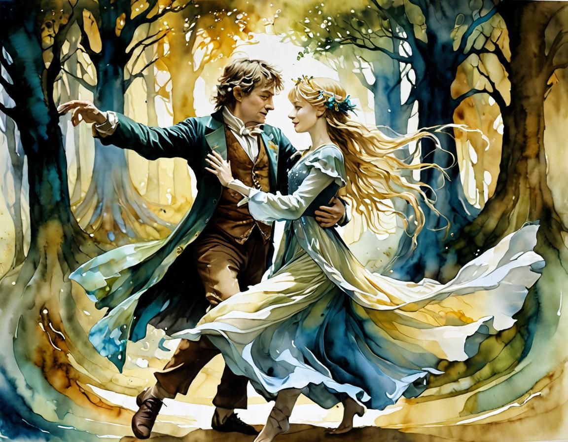 Bilbo and Galadriel Dancing: Alcohol Ink Art