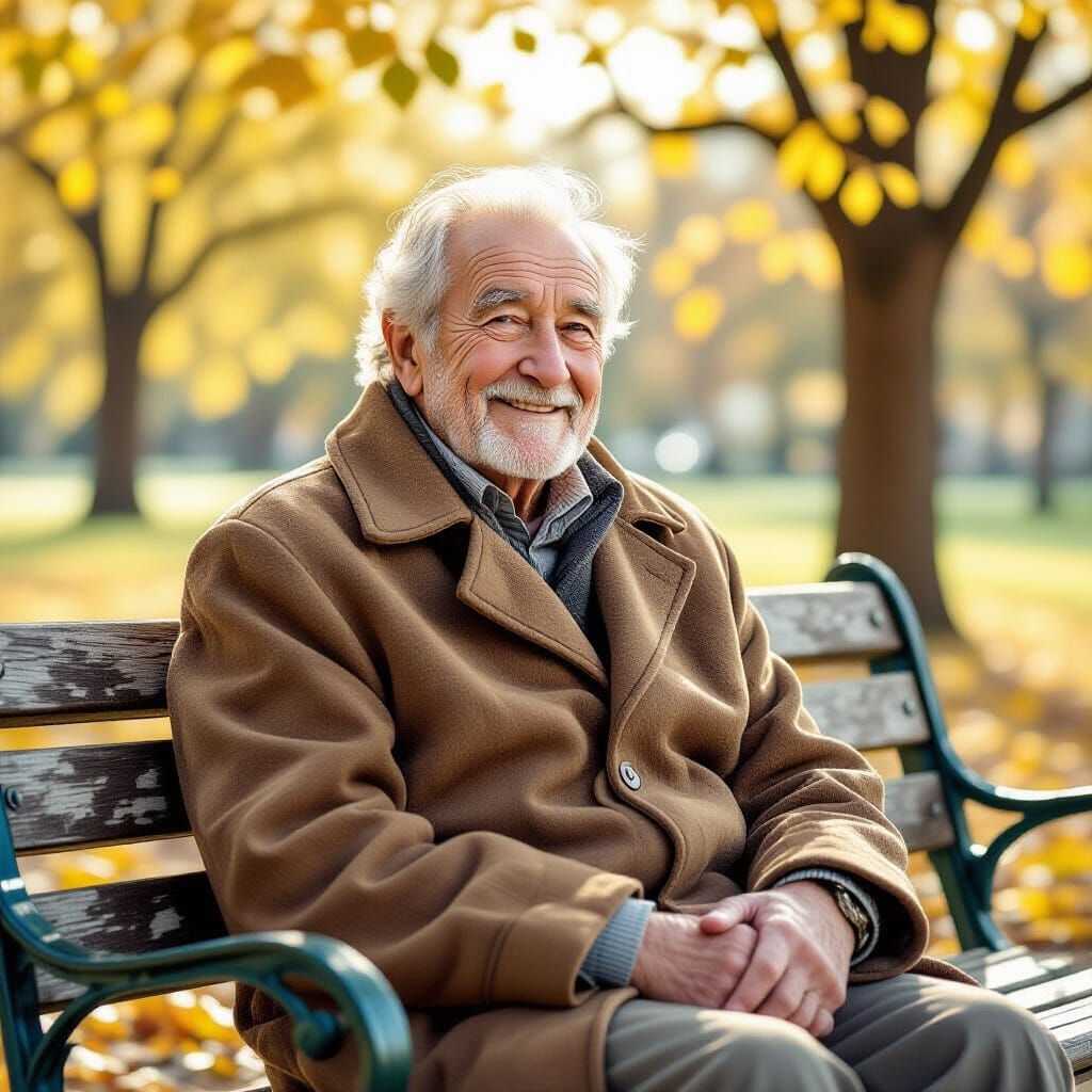 Elderly Man on Park Bench: Photorealistic Pencil Art