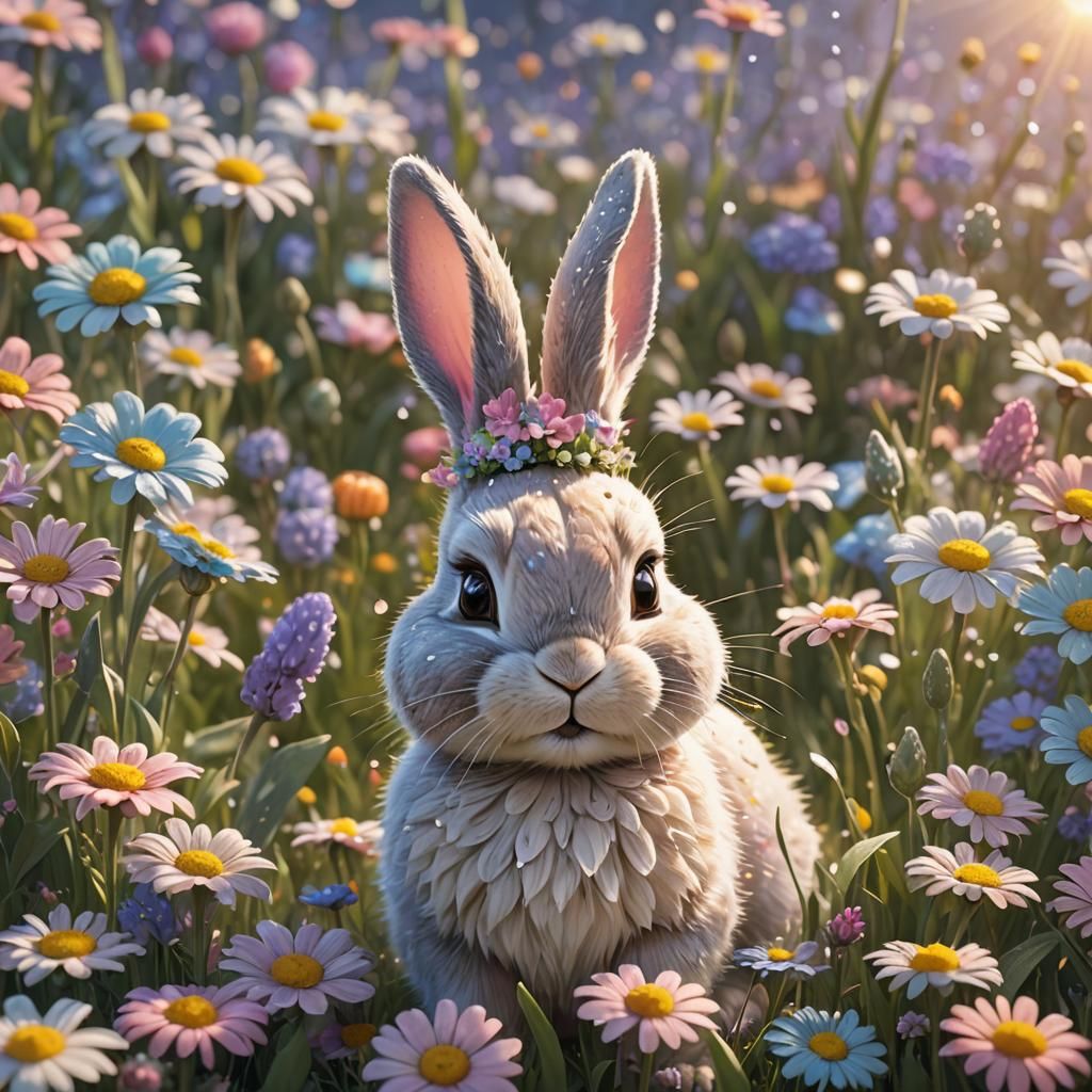 Pastel Bunny in Flower Field: Whimsical Art