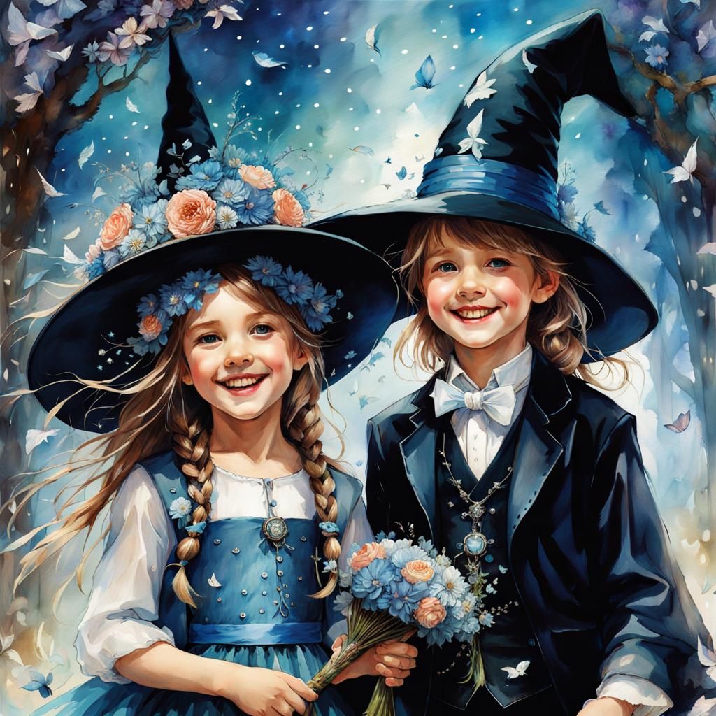 Enchanting Flower Girl Witch with Brother: Digital Art