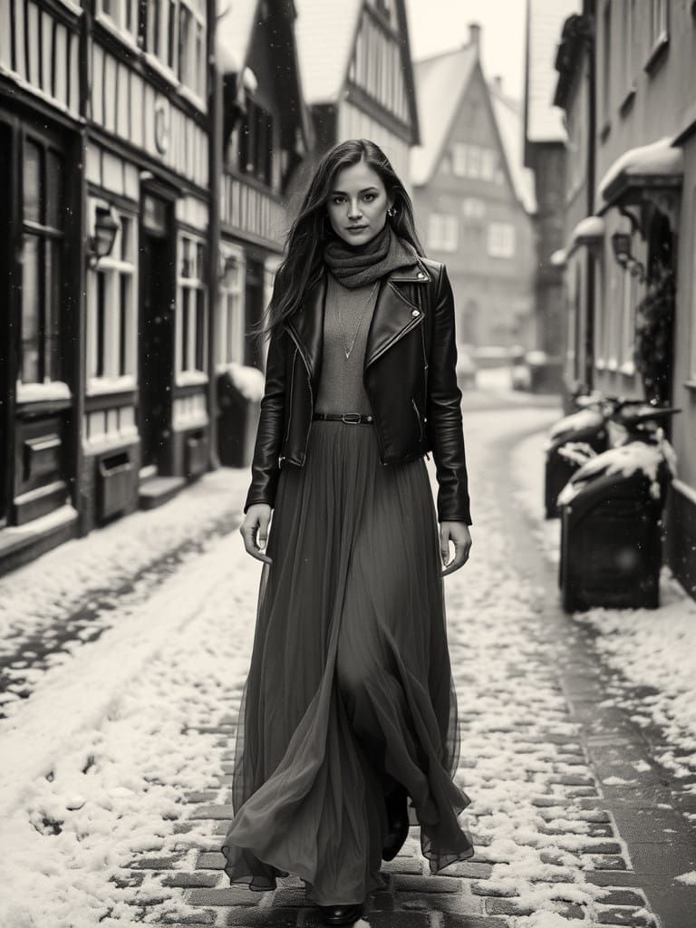 Winter Boho Chic Portrait in Black and White