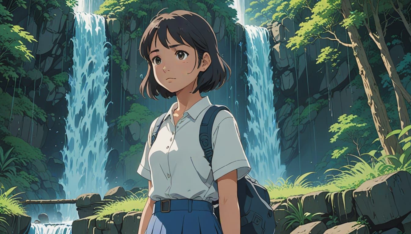 Anime Girl in White and Blue Skirt at Waterfall