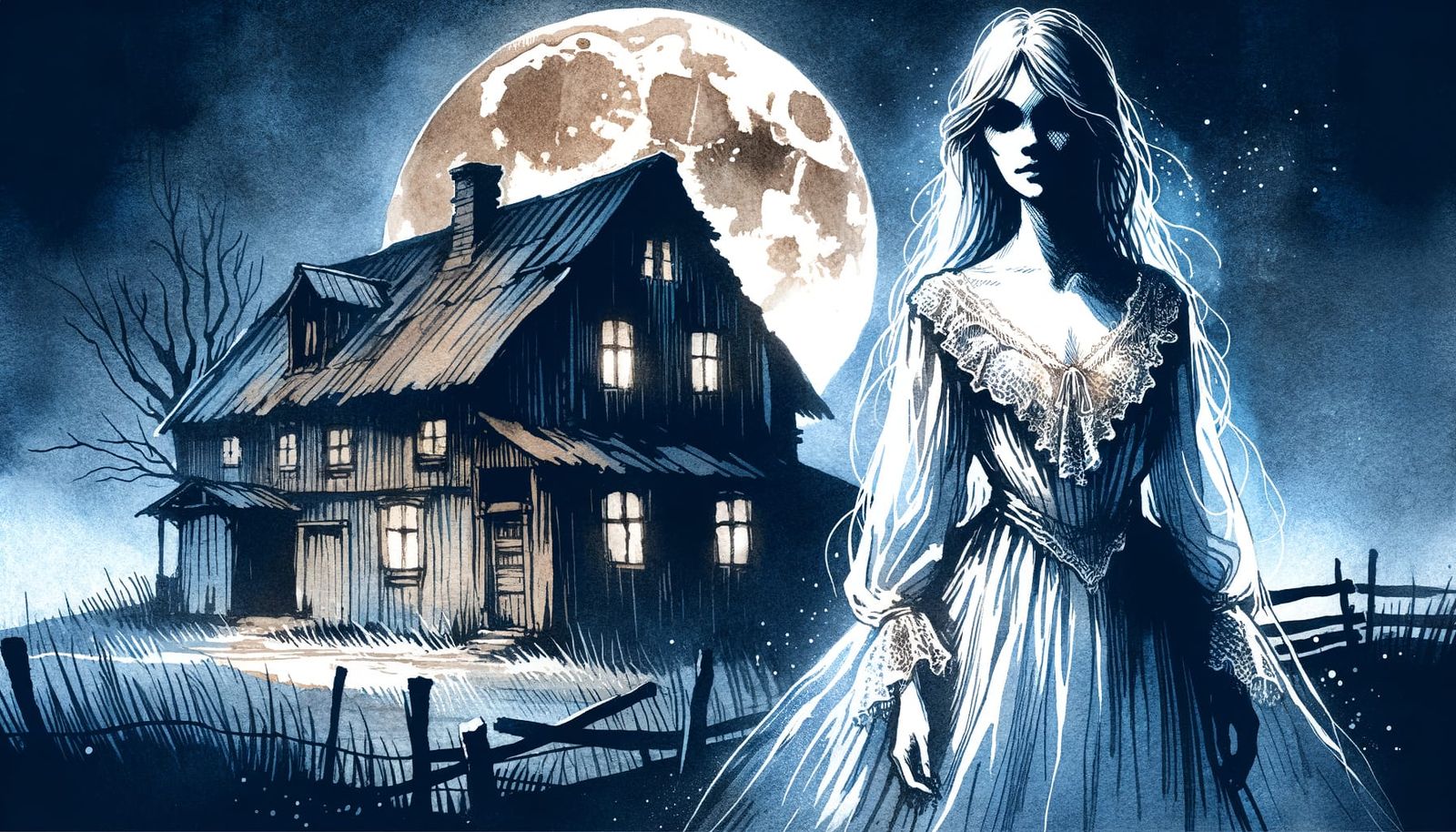 Ethereal Woman in White Gown Illustration