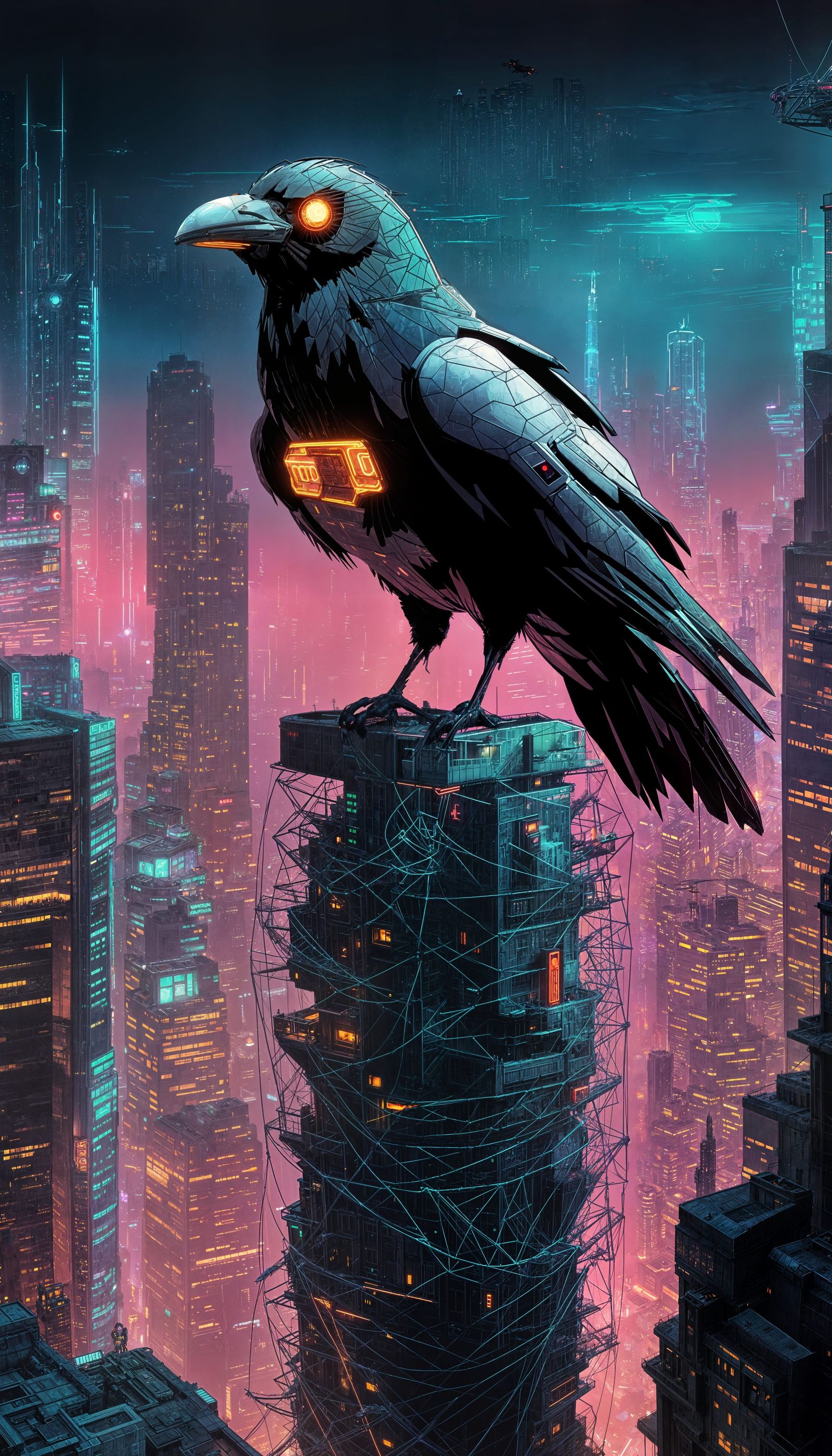 Cyberpunk Mechanical Raven on Metallic Spiderweb Skyscraper
