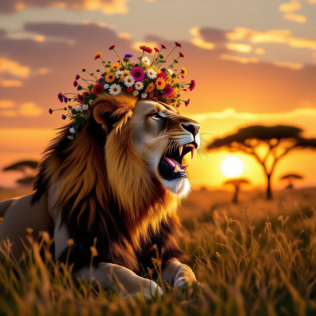 Majestic Lion Roars with Wildflower Crown on Savanna