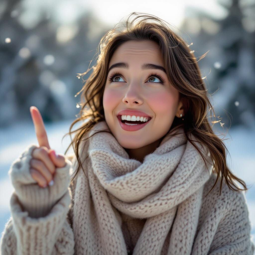Joyful Woman Outdoors in Winter Cold, Cinematic Lighting