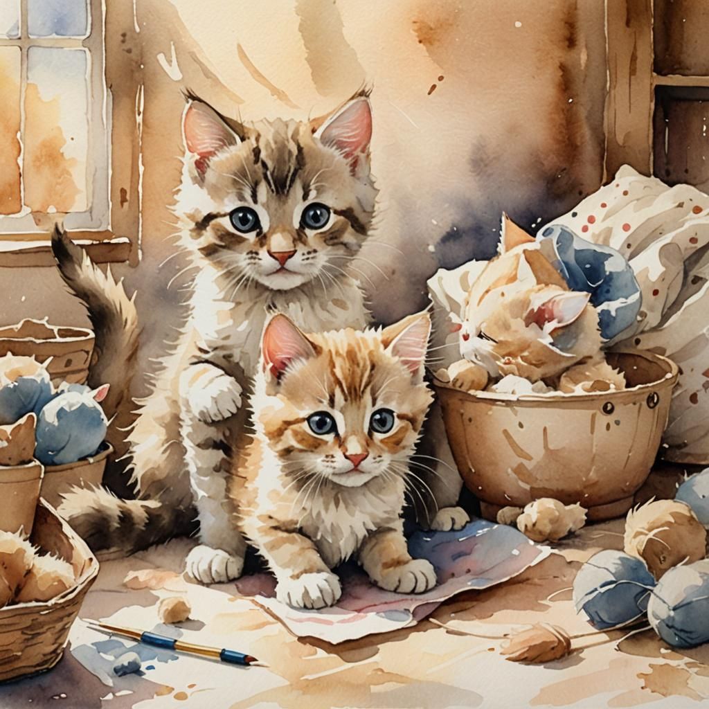 Charming Kittens Play in Watercolor Style