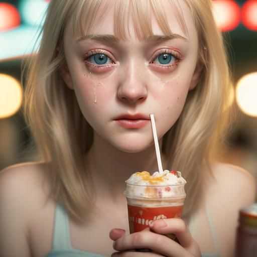 Woman Crying Over Hotdog Milkshake, Professional Portrait