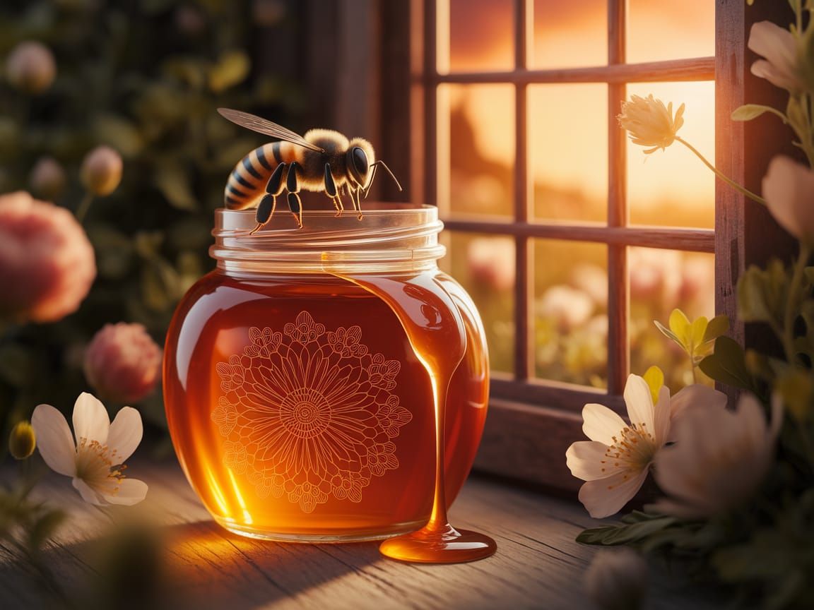 Glistening Honey Jar in Idyllic Countryside Setting
