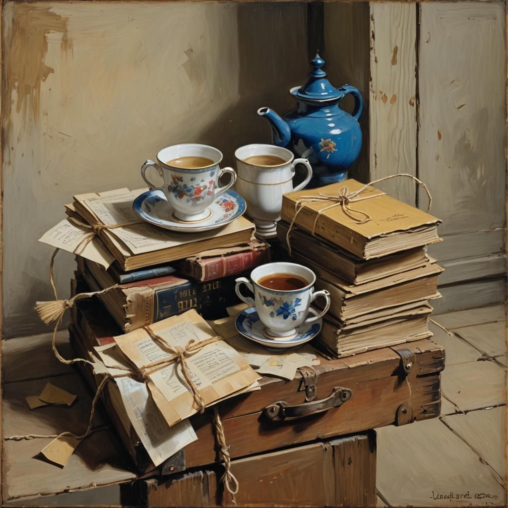 Vermeer-Style Still Life with Books and Teacup