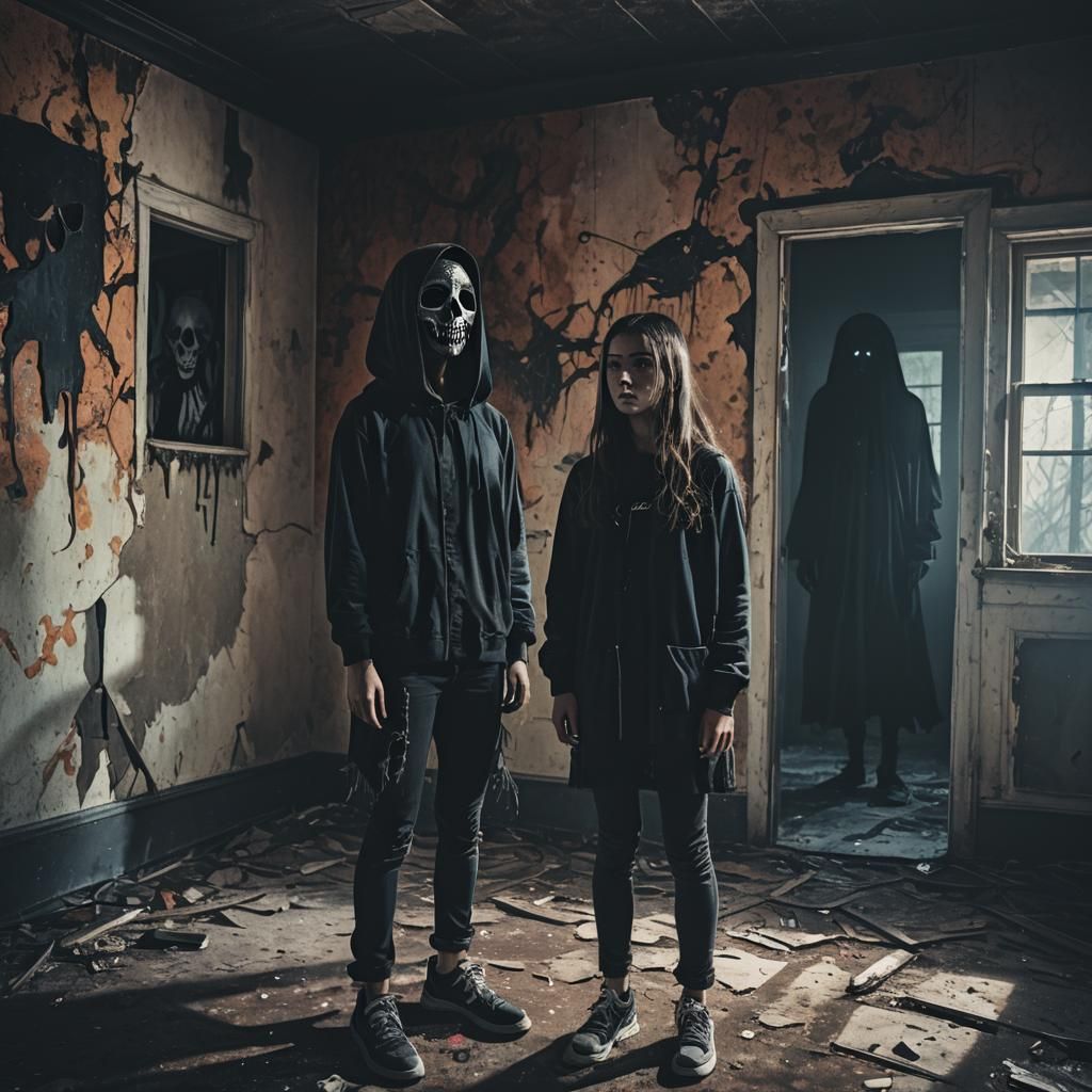 Teenager and Shadow Figure in Abandoned House