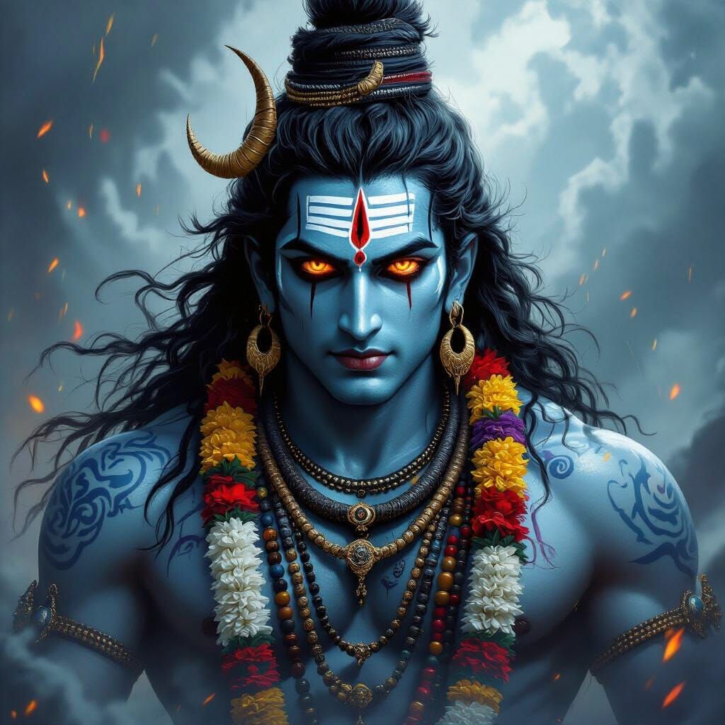 Lord Shiv in Fiery Gaze Amidst Stormy Atmosphere