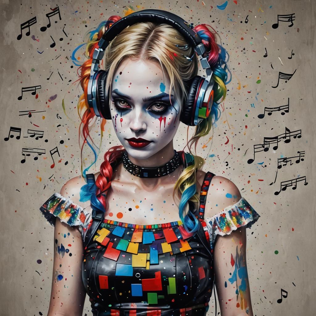 Surreal Harley Quinn Portrait with Musical Dress